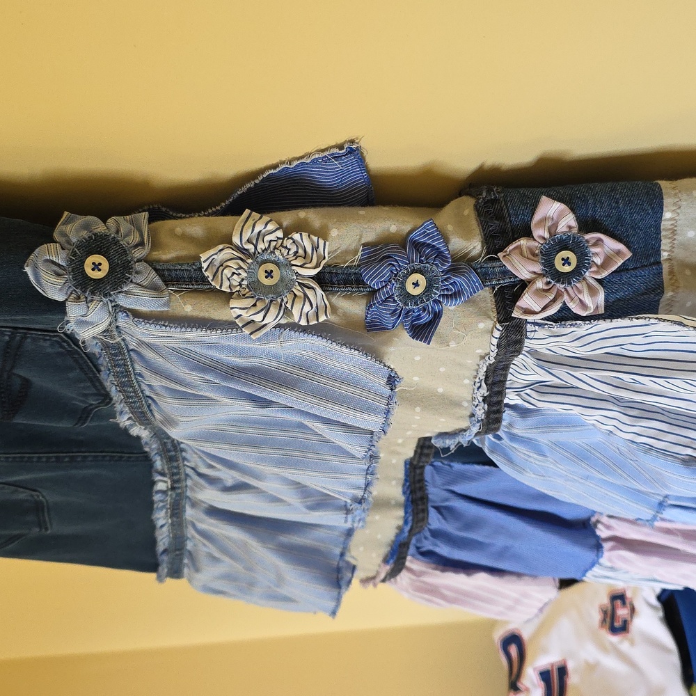 Ucycled Asymetrical Tiered Jean Midi Skirt From Jeans And Mens Shirts - Picture 8 of 12